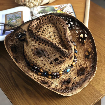 Natural Straw Cowboy Hat Women Men Handmade Weave Cowboy Hats For Lady Tassel Summer Western Sombrero Hombre Lifeguard Hats