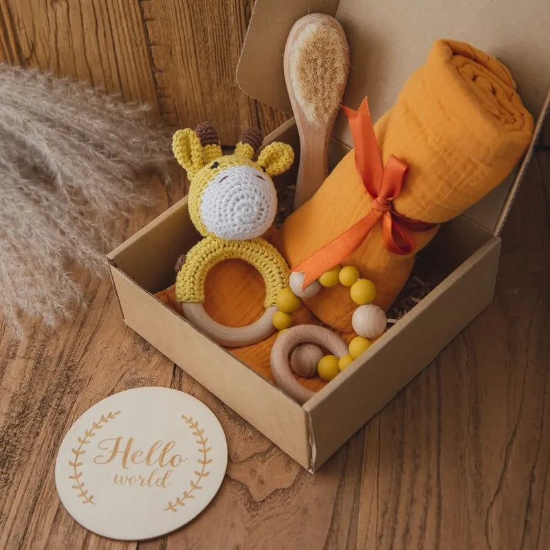 Baby Double Sided Cotton Blanket Newborn Bath Set Gifts Box Wooden Crochet Rattle Brushs Bracelet Towel For Baby Shower Gift