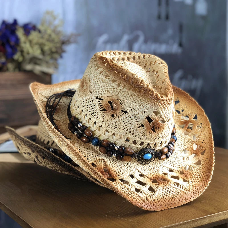 Natural Straw Cowboy Hat Women Men Handmade Weave Cowboy Hats For Lady Tassel Summer Western Sombrero Hombre Lifeguard Hats