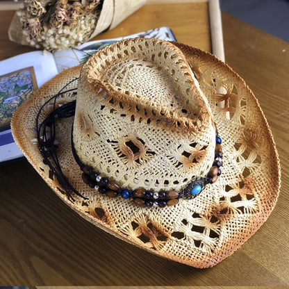 Natural Straw Cowboy Hat Women Men Handmade Weave Cowboy Hats For Lady Tassel Summer Western Sombrero Hombre Lifeguard Hats