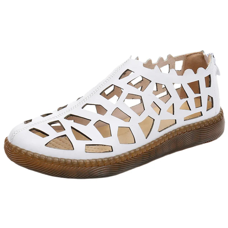 2024 Summer Genuine Leather Hollow Shoes Woman Sandals Casual Sneakers Flat Soft Sole Comfortable Sandals Large Size