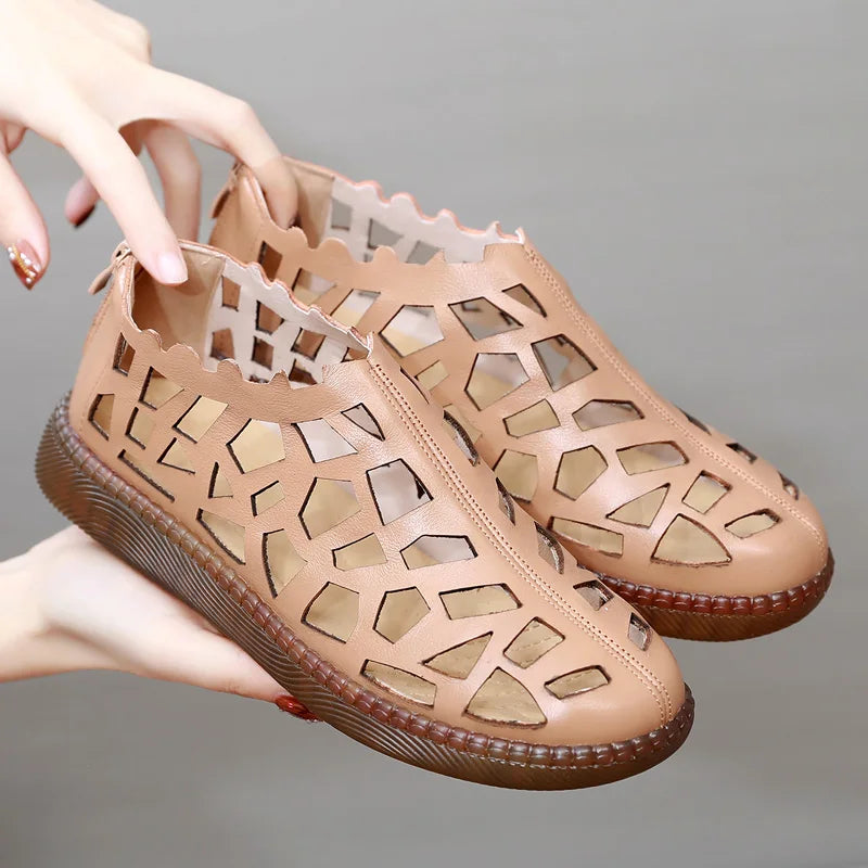 2024 Summer Genuine Leather Hollow Shoes Woman Sandals Casual Sneakers Flat Soft Sole Comfortable Sandals Large Size