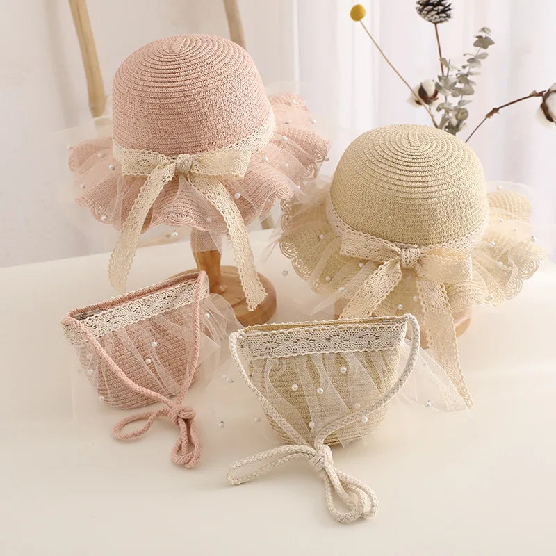 Girl's Straw Hat Handbag Set Wide Edge Lace Bow Parenting Sunshade Hats Princess Beach Sun Hat Summer Beach Bucket Cap