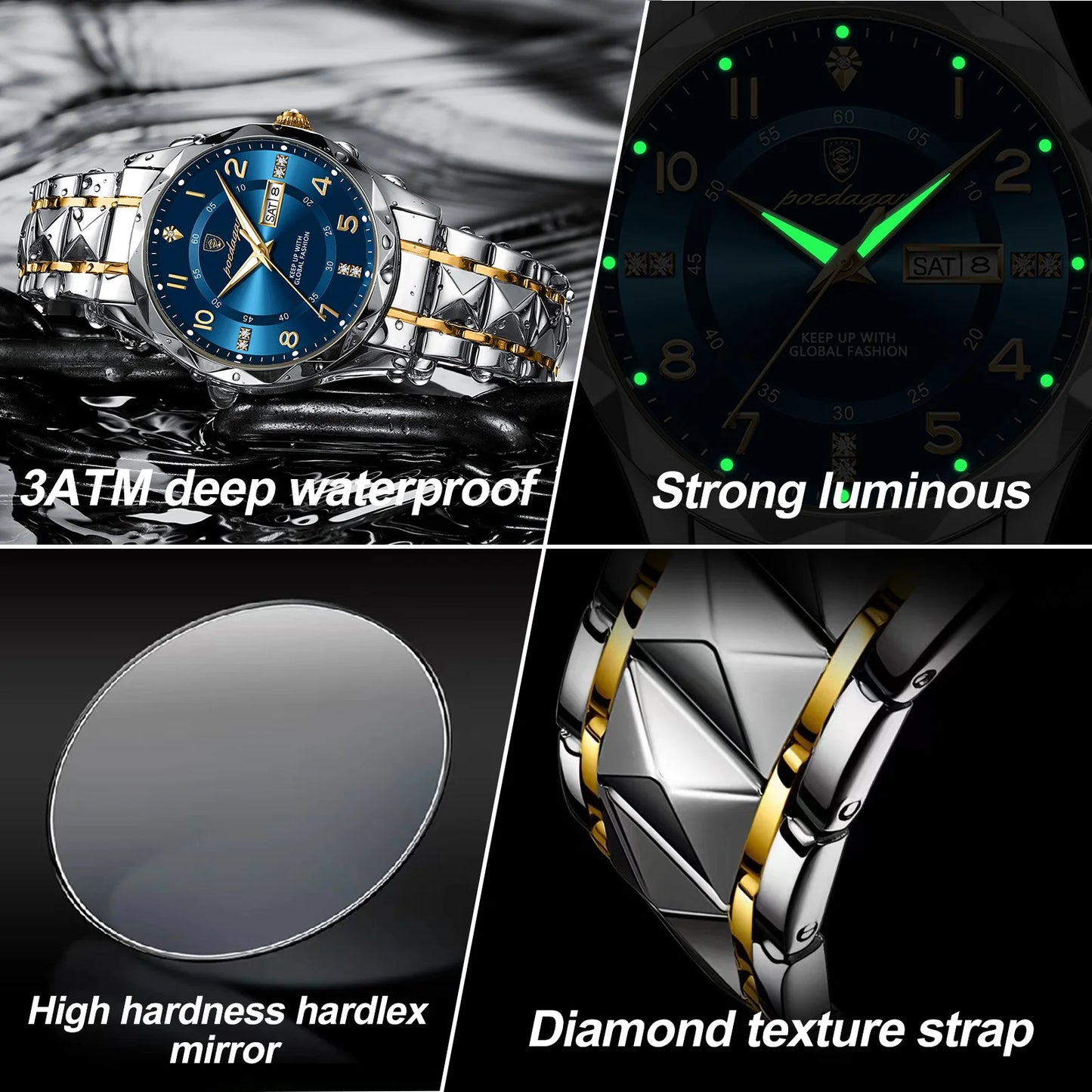 Luxury Men Quartz Watch Waterproof Date Week Luminous Wristwatch Stainless Steel Men's Watches Male Clock Sports