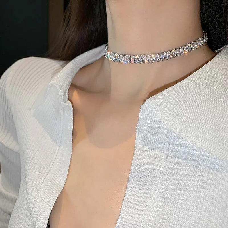 Luxury Shiny Zircon Square Choker Necklaces for Women Exquisite Crystal Short Sexy Necklace Wedding Bride Jewelry Gift