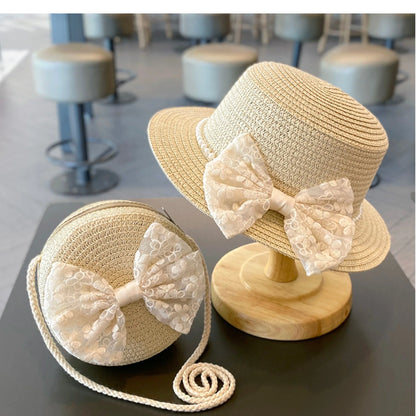 2pcs/set Little Girls Summer Handwoven Straw Hat And Shoulder Crossbody Bag Kids Baby Princess Bowknot Beach Straw Sun Cap