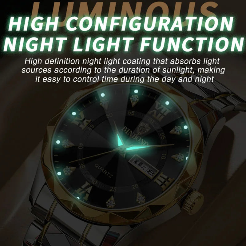 Men Watch Stainless Steel Top Quailty Luxury Push Button Hidden Clasp Waterproof Luminous Date Week Sport Wrist Watches