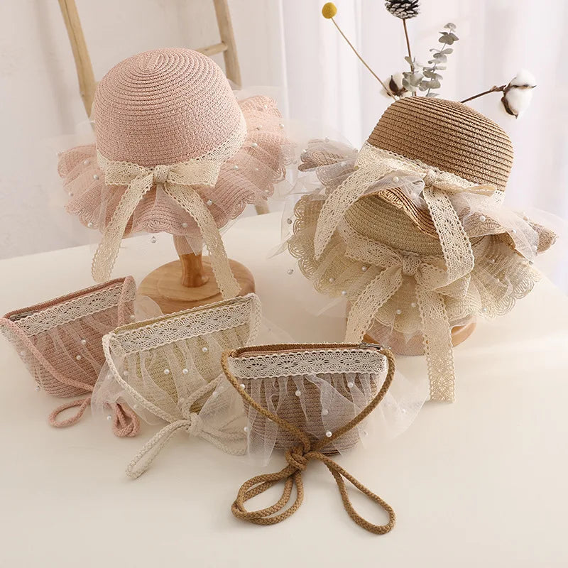 Girl's Straw Hat Handbag Set Wide Edge Lace Bow Parenting Sunshade Hats Princess Beach Sun Hat Summer Beach Bucket Cap