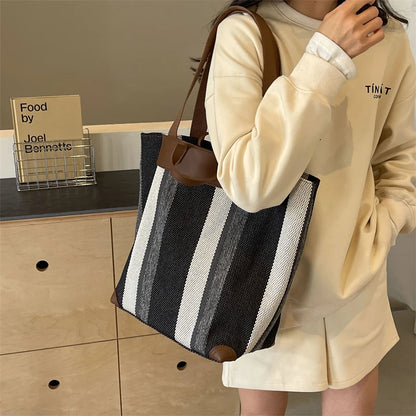 Striped Shoulder Bucket Bags For Women Canvas Fabric Large Capacity Shopping Totes Contrast Color Commute Shopper Handbags 2024