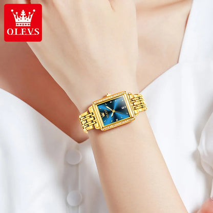 New Luxury Lady's Watches Elegant Gold Rectangular Dial Quartz Watch Diamond Bracelet Gift Box Set Original Female Watch