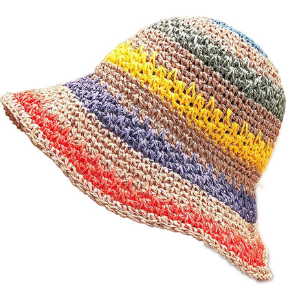 Rainbow Straw Hat For Women Summer Sun Visor Handmade Crochet Big Brim Bucket Hats Ladies Beach Sun Hat Boho Girl's Fashion Caps