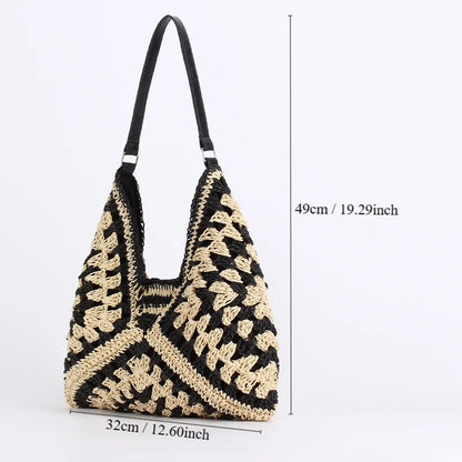 Women Straw Tote Bag Large Capacity Vintage Vacation Shoulder Bag Everything Casual Handbag Designer Hollow Summer Beach Bag