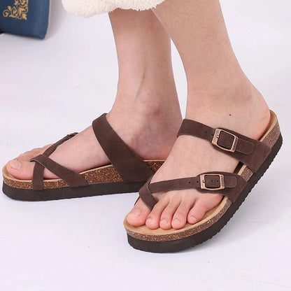 Comwarm Classic Women's Cork Sandals Fashion Thick Soles Beach Sandals Cozy Casual House Flats Slippers With Adjustable Buckle