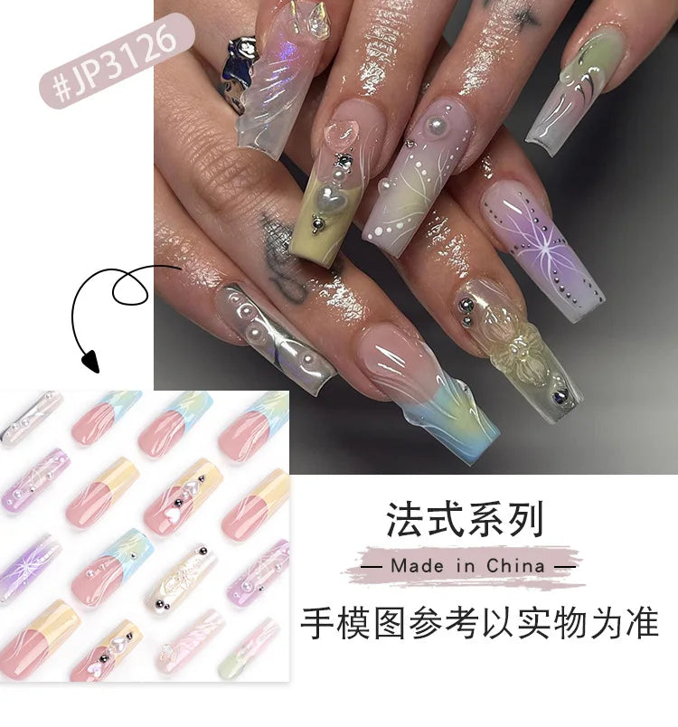 24PCS French 3D Colorful False Nails Wearing Nail Patch Gradient Y2K Butterfly Square Nail Art Artificial Nails With Adhesive