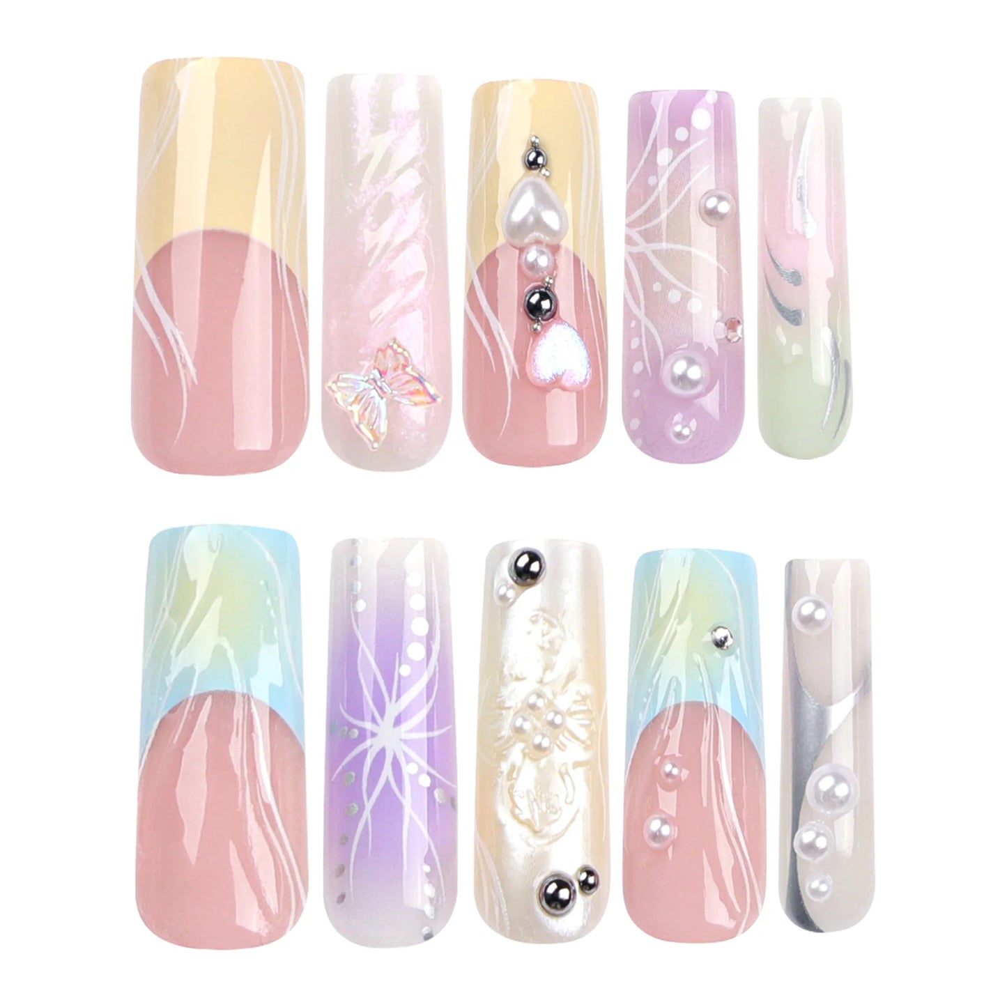 24PCS French 3D Colorful False Nails Wearing Nail Patch Gradient Y2K Butterfly Square Nail Art Artificial Nails With Adhesive