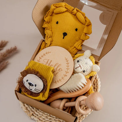 Baby Double Sided Cotton Blanket Newborn Bath Set Gifts Box Wooden Crochet Rattle Brushs Bracelet Towel For Baby Shower Gift