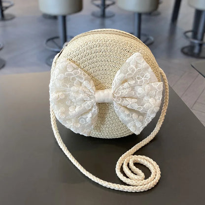 2pcs/set Little Girls Summer Handwoven Straw Hat And Shoulder Crossbody Bag Kids Baby Princess Bowknot Beach Straw Sun Cap