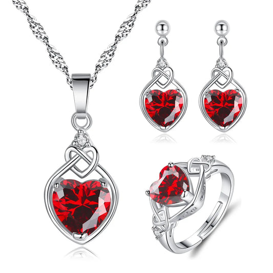 3pcs 925 Sterling Silver Jewelry Set Red Heart Zircon Elegant Women's Sets Ring Earring Necklace High Quality Fine Argent 925