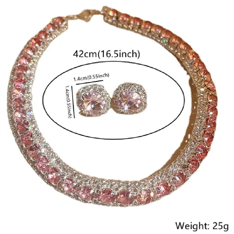 Luxury Crystal Necklace Earrings Set Pink ABcolourful Necklace for Women Weddings Party Jewelry Sets Accessories