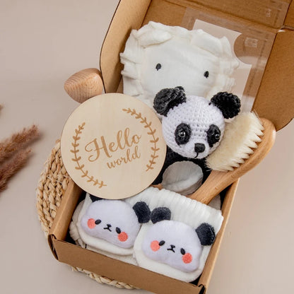 Baby Double Sided Cotton Blanket Newborn Bath Set Gifts Box Wooden Crochet Rattle Brushs Bracelet Towel For Baby Shower Gift