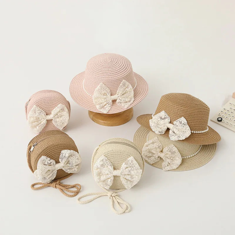 2pcs/set Little Girls Summer Handwoven Straw Hat And Shoulder Crossbody Bag Kids Baby Princess Bowknot Beach Straw Sun Cap