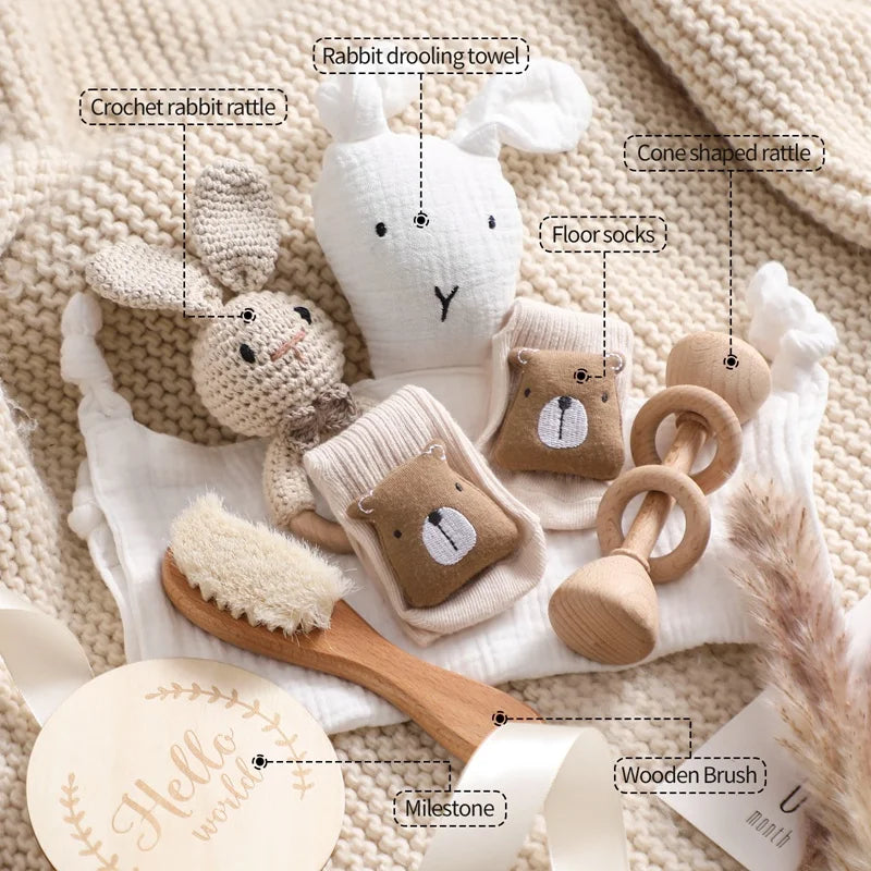 Baby Double Sided Cotton Blanket Newborn Bath Set Gifts Box Wooden Crochet Rattle Brushs Bracelet Towel For Baby Shower Gift