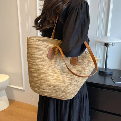 Women Braided Basket Clutches Top-handle Bag Large Straw Portable Shoulder Bag Summer Beach Party Purses Shopper Satchel Female