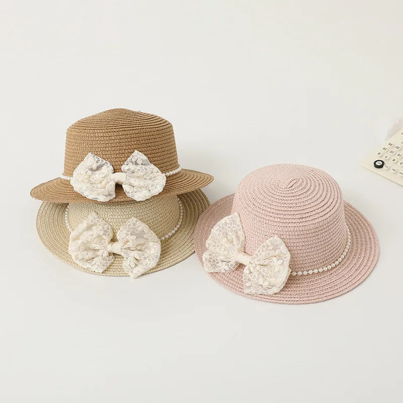 2pcs/set Little Girls Summer Handwoven Straw Hat And Shoulder Crossbody Bag Kids Baby Princess Bowknot Beach Straw Sun Cap