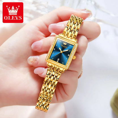 New Luxury Lady's Watches Elegant Gold Rectangular Dial Quartz Watch Diamond Bracelet Gift Box Set Original Female Watch