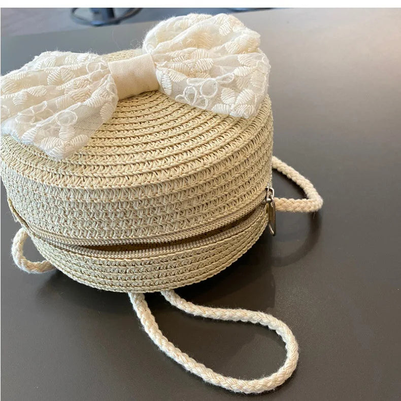 2pcs/set Little Girls Summer Handwoven Straw Hat And Shoulder Crossbody Bag Kids Baby Princess Bowknot Beach Straw Sun Cap