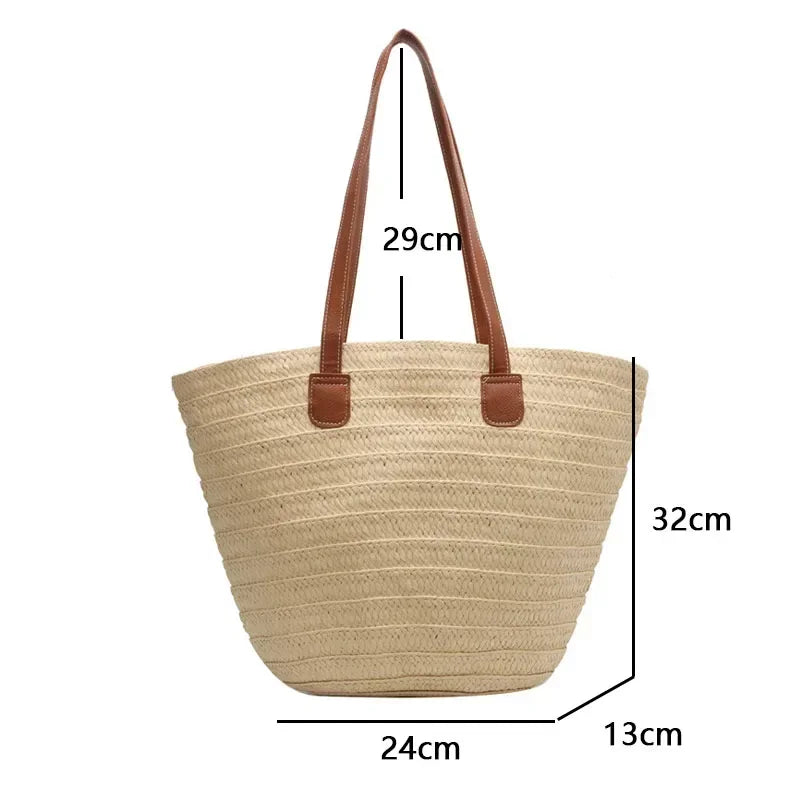 Women Braided Basket Clutches Top-handle Bag Large Straw Portable Shoulder Bag Summer Beach Party Purses Shopper Satchel Female