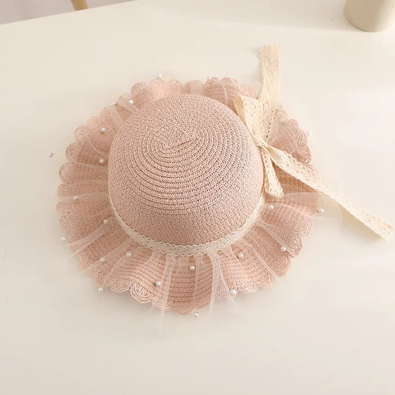 Girl's Straw Hat Handbag Set Wide Edge Lace Bow Parenting Sunshade Hats Princess Beach Sun Hat Summer Beach Bucket Cap