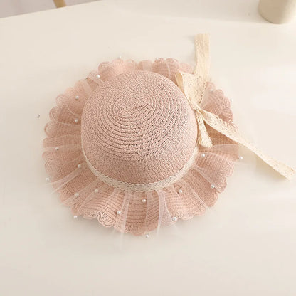 Girl's Straw Hat Handbag Set Wide Edge Lace Bow Parenting Sunshade Hats Princess Beach Sun Hat Summer Beach Bucket Cap