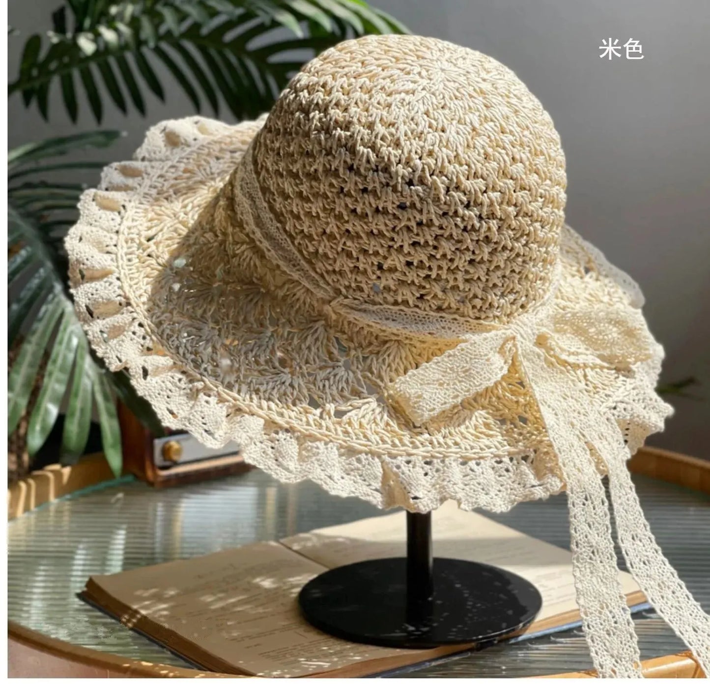 Summer Foldable Lace Edge Straw Hat for Women's Handwoven Cute Bow Sunshade Hat for Vacation Beach Hat