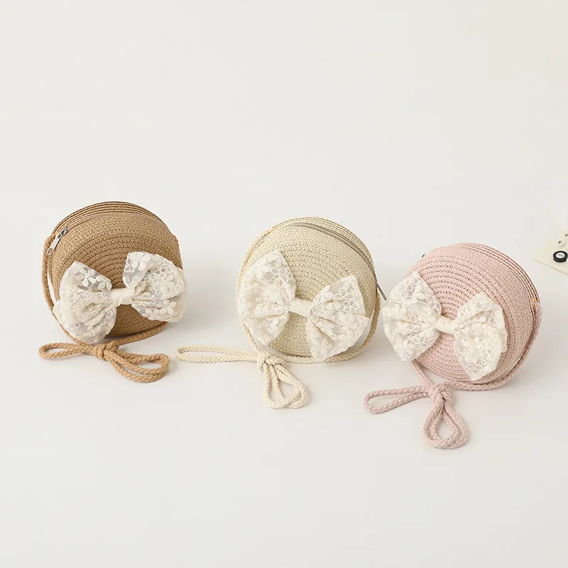 2pcs/set Little Girls Summer Handwoven Straw Hat And Shoulder Crossbody Bag Kids Baby Princess Bowknot Beach Straw Sun Cap