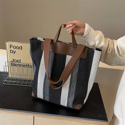 Striped Shoulder Bucket Bags For Women Canvas Fabric Large Capacity Shopping Totes Contrast Color Commute Shopper Handbags 2024