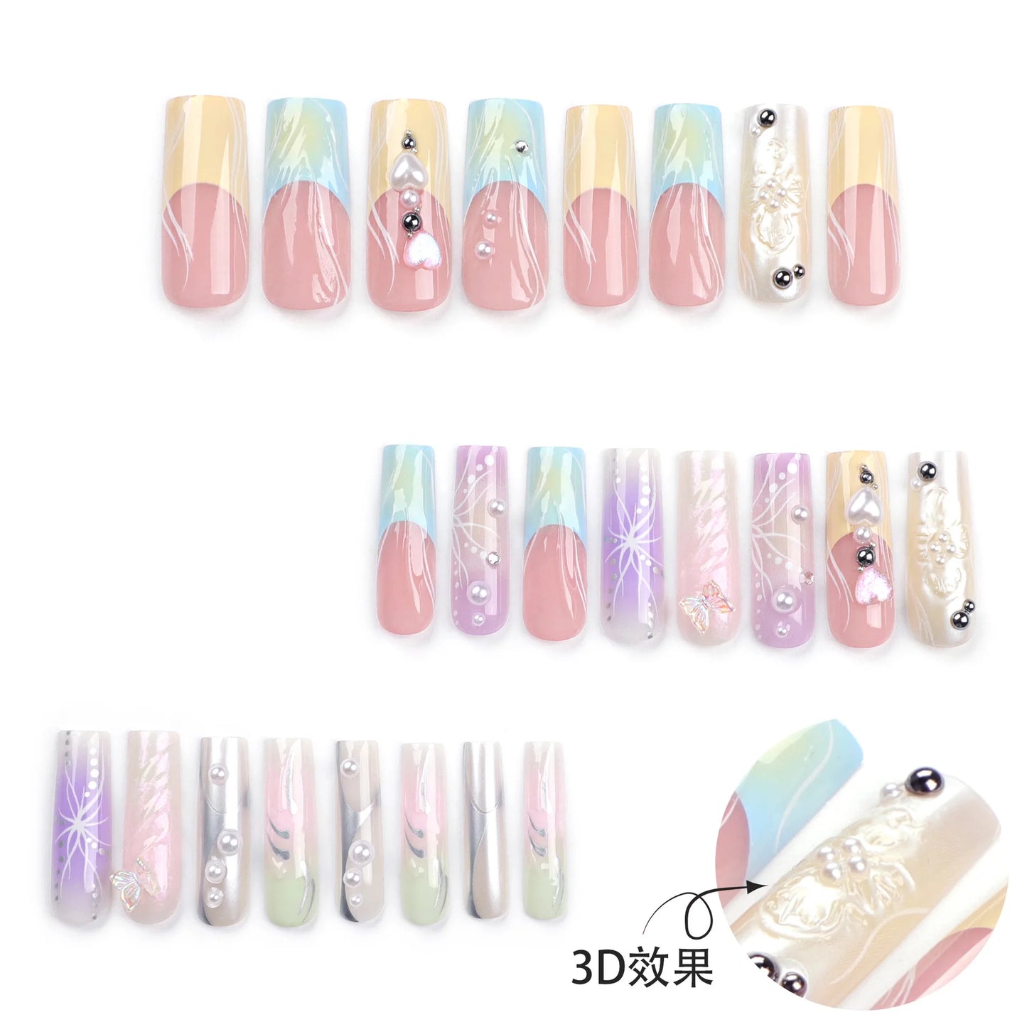 24PCS French 3D Colorful False Nails Wearing Nail Patch Gradient Y2K Butterfly Square Nail Art Artificial Nails With Adhesive