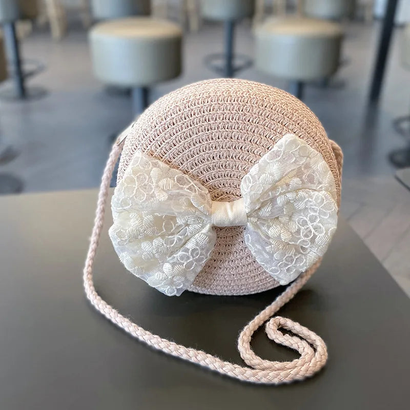 2pcs/set Little Girls Summer Handwoven Straw Hat And Shoulder Crossbody Bag Kids Baby Princess Bowknot Beach Straw Sun Cap