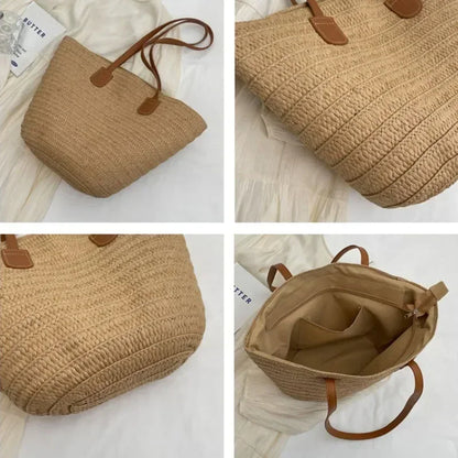 Women Braided Basket Clutches Top-handle Bag Large Straw Portable Shoulder Bag Summer Beach Party Purses Shopper Satchel Female