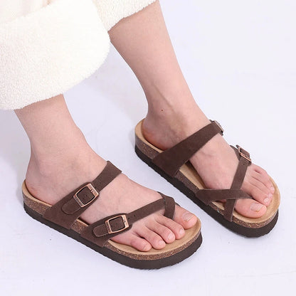 Comwarm Classic Women's Cork Sandals Fashion Thick Soles Beach Sandals Cozy Casual House Flats Slippers With Adjustable Buckle