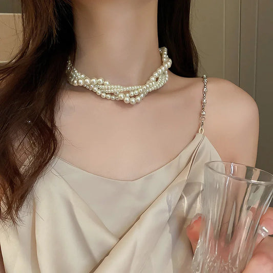 Korean Style Twining Pearl Choker Necklaces for Women Geometric Necklaces Weddings Bride Jewelry Accessories